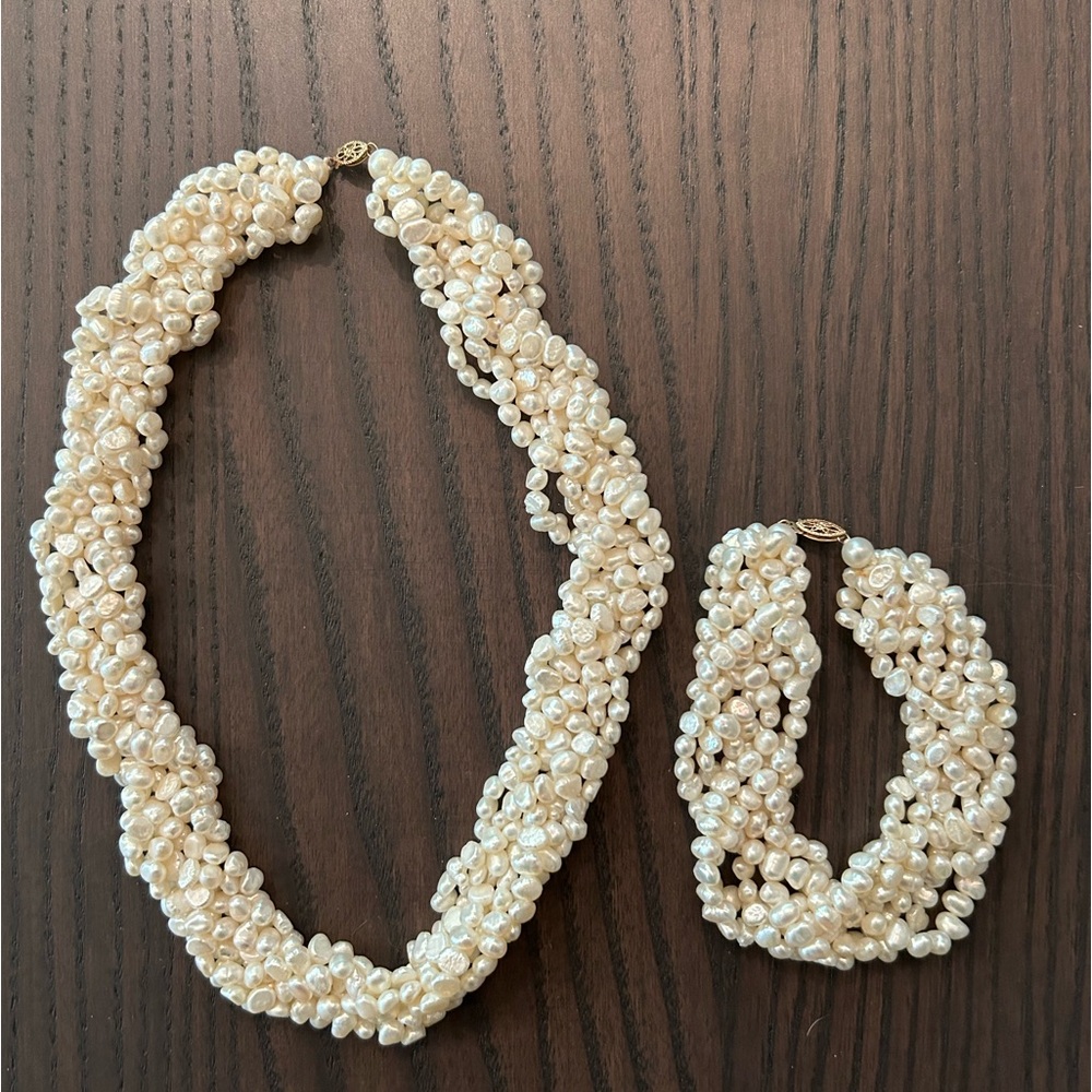 Unique Cultured Pearl Necklace & Bracelet Set - Braided Strands w/ Gold Clasp